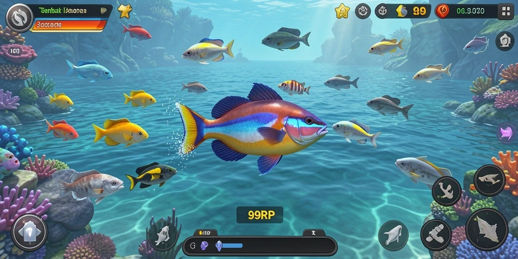 Screenshot utama 99RP menampilkan momen menembak ikan yang seru.