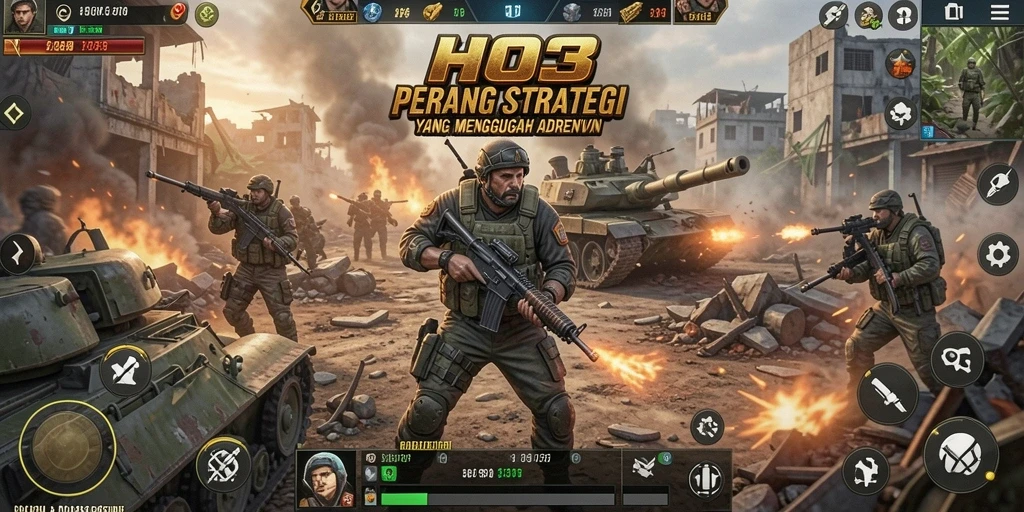 Tampilan gameplay Strategi HO3 dengan pertempuran intens dan pemandangan yang menakjubkan.
