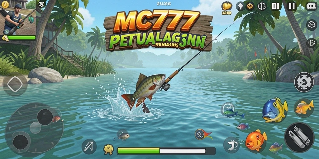 Screenshot menunjukkan aksi memancing seru di dalam game MC777.