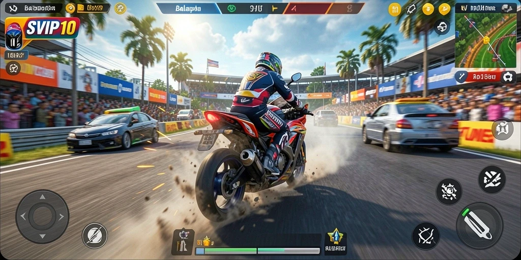 Screenshot permainan SVIP10 menunjukkan aksi balapan motor yang intens.