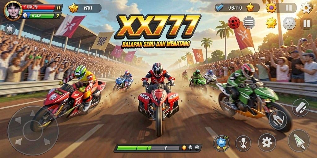 Tampilan gameplay XXX777 dengan aksi balapan yang mendebarkan.